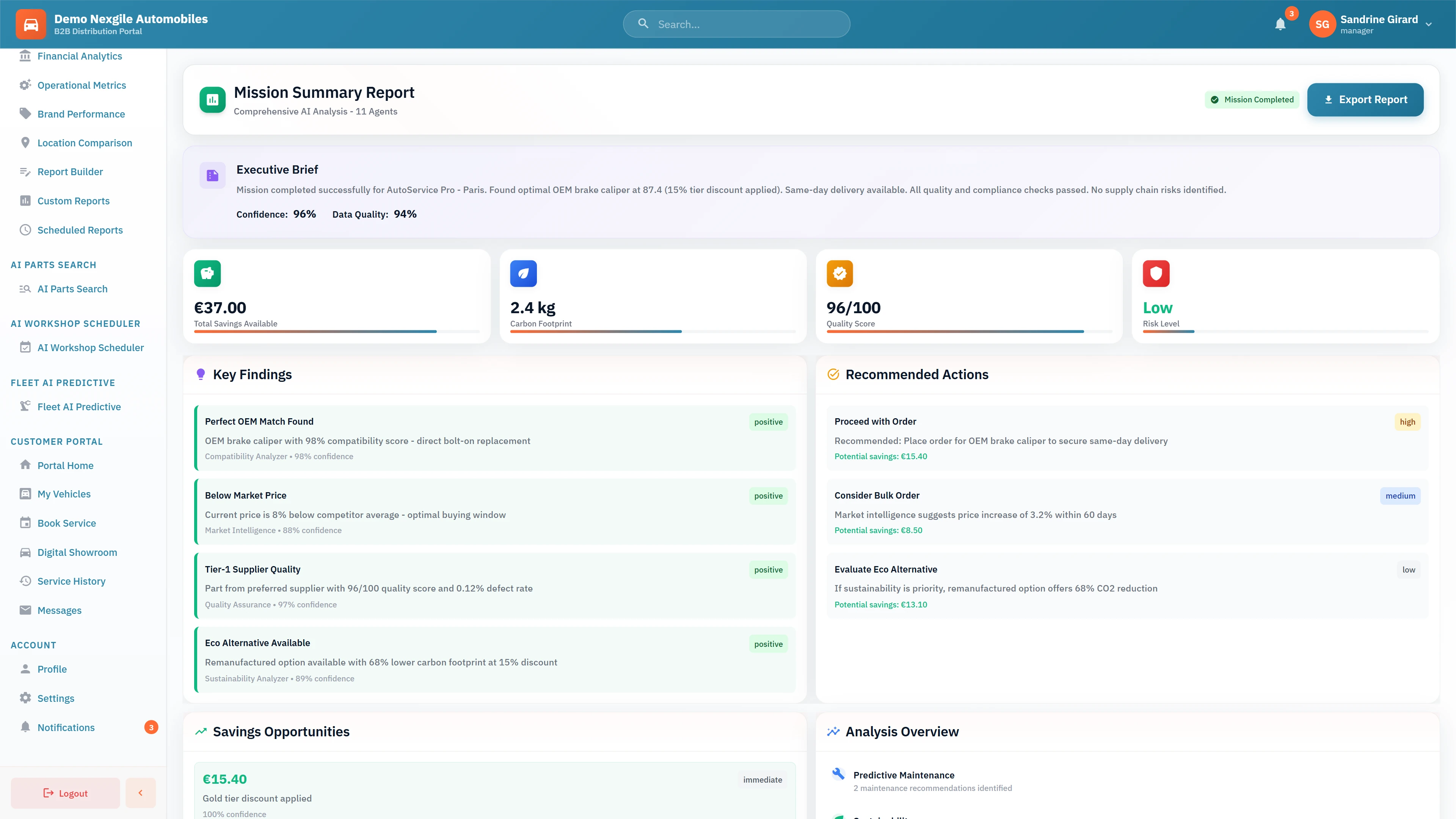 Comprehensive Mission Report - Executive brief with key findings, savings opportunities (€37 total available), carbon footprint analysis, and quality metrics